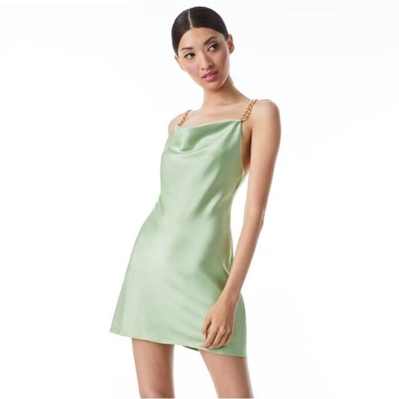 Alice + Olivia Harmony Chain Drapey Mini Slip Dress Seafoam Gold 10 - Picture 8 of 8